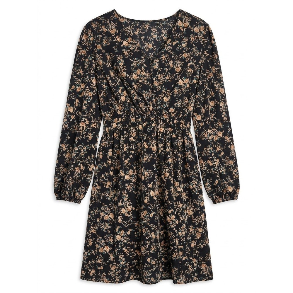 Cupshe Dress Women XL Black Floral Long Sleeve Modest V-Neck Elastic Waist Mini